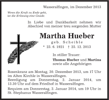 Traueranzeige von Martha Hueber von Schwäbische Post