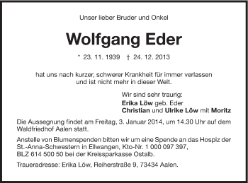 Traueranzeige von Wolfgang Eder von Schwäbische Post