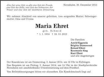 Traueranzeige von Maria Ehret von Schwäbische Post