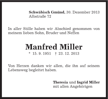Traueranzeige von Manfred Miller von Gmünder Tagespost