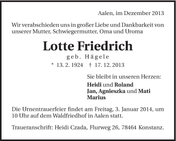 Traueranzeige von Lotte Friedrich von Schwäbische Post