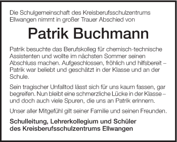 Traueranzeige von Patrik Buchmann von Schwäbische Post