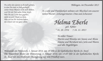 Traueranzeige von Helma Eberle von Gmünder Tagespost