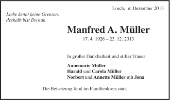 Traueranzeige von Manfred A. Müller von Gmünder Tagespost