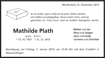 Traueranzeige von Mathilde Plath von Schwäbische Post