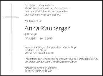 Traueranzeige von Anna Rauberger von Gmünder Tagespost