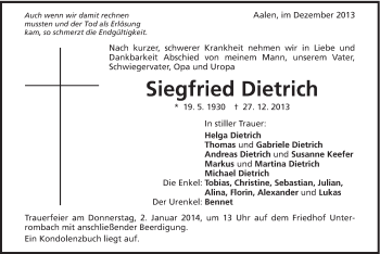 Traueranzeige von Siegfried Dietrich von Schwäbische Post