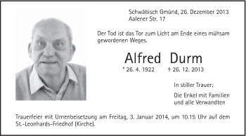 Traueranzeige von Alfred Durm von Gmünder Tagespost
