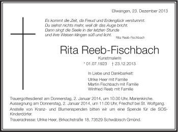 Traueranzeige von Rita Reeb-Fischbach von Schwäbische Post