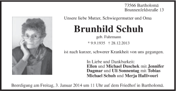 Traueranzeige von Brunhild Schuh von Gmünder Tagespost