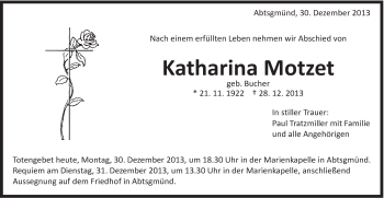 Traueranzeige von Katharina Motzet von Schwäbische Post