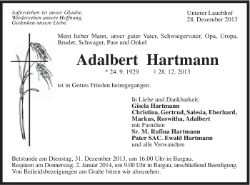 Traueranzeige von Adalbert Hartmann von Gmünder Tagespost