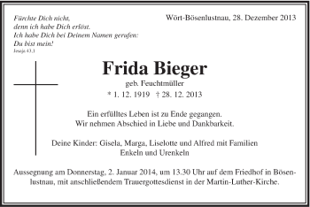 Traueranzeige von Frida Bieger von Schwäbische Post