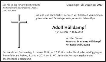 Traueranzeige von Adolf Hölldampf von Schwäbische Post