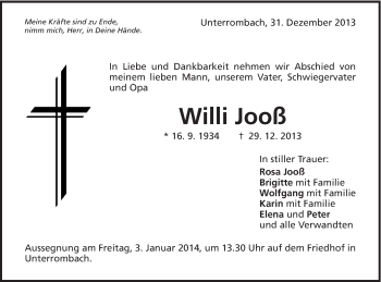 Traueranzeige von Willi Jooß von Schwäbische Post