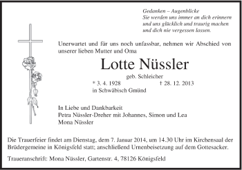 Traueranzeige von Lotte Nüssler von Gmünder Tagespost