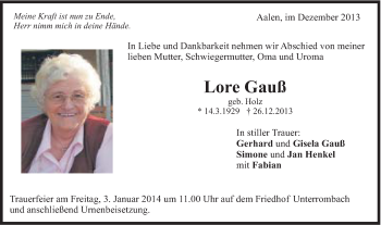 Traueranzeige von Lore Gauß von Schwäbische Post