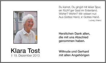 Traueranzeige von Klara Tost von Gmünder Tagespost