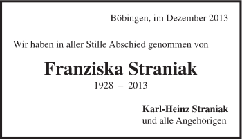 Traueranzeige von Franziska Straniak von Gmünder Tagespost