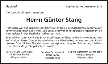 Traueranzeige von Günter Stang von Schwäbische Post