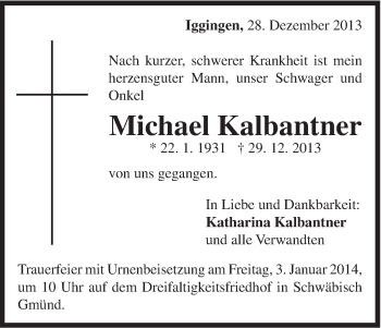 Traueranzeige von Michael Kalbantner von Gmünder Tagespost
