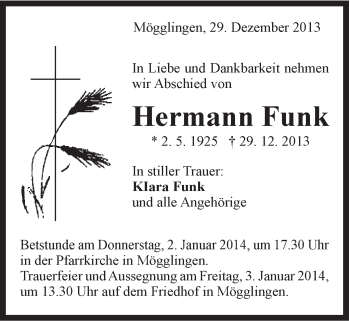 Traueranzeige von Hermann Funk von Gmünder Tagespost