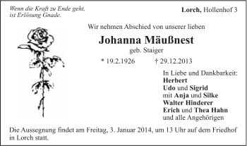 Traueranzeige von Johanna Mäußnest von Gmünder Tagespost