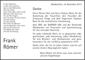 Traueranzeige von Frank Römer von Gmünder Tagespost