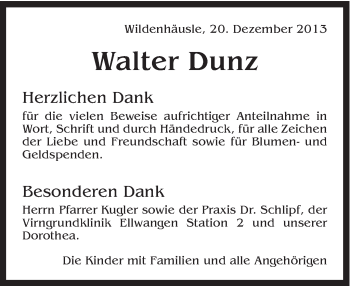 Traueranzeige von Walter Dunz von Schwäbische Post