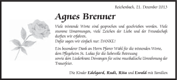 Traueranzeige von Agnes Brenner von Schwäbische Post