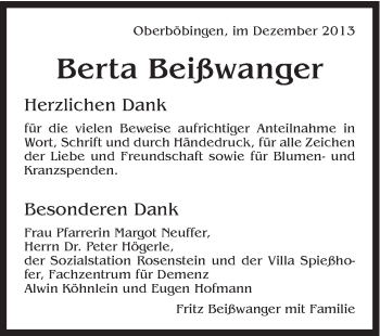Traueranzeige von Berta Beißwanger von Gmünder Tagespost