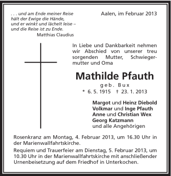 Traueranzeige von Mathilde Pfauth von Schwäbische Post