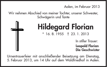 Traueranzeige von Hildegard Florian von Schwäbische Post