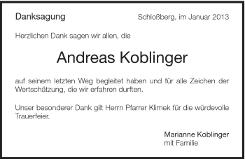 Traueranzeige von Andreas Koblinger von 082