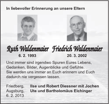Traueranzeige von Ruth und Friedrich Waldenmaier von Schwäbische Post