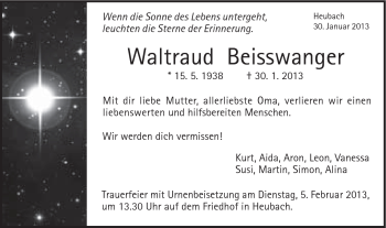 Traueranzeige von Waltraud Beisswanger von Gmünder Tagespost