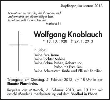 Traueranzeige von Wolfgang Knoblauch von Schwäbische Post