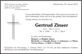Traueranzeige von Gertrud Zinser von Schwäbische Post