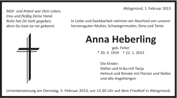 Traueranzeige von Anna Heberling von Schwäbische Post