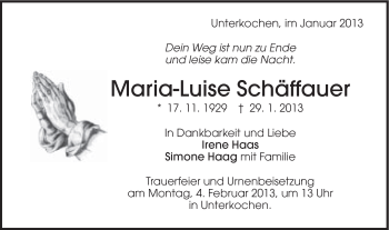 Traueranzeige von Maria-Luise Schäffauer von Schwäbische Post