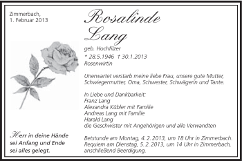 Traueranzeige von Rosalinde Lang von Gmünder Tagespost