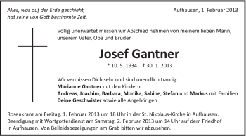 Traueranzeige von Josef Gantner von Schwäbische Post