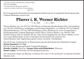 Traueranzeige von Werner Richter von Gmünder Tagespost