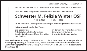 Traueranzeige von Schwester M. Felizia Winter OSF von Schwäbische Post