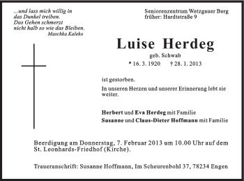 Traueranzeige von Luise Herdeg von Gmünder Tagespost