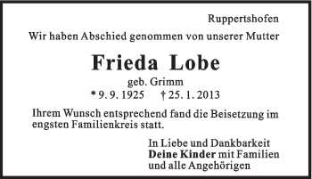 Traueranzeige von Frieda Lobe von Gmünder Tagespost