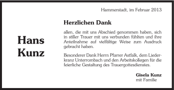 Traueranzeige von Hans Kunz von Schwäbische Post