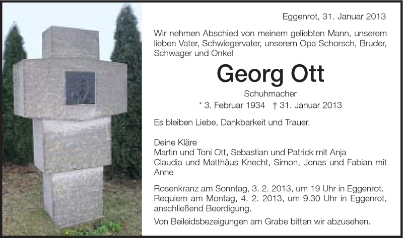  Traueranzeige für Georg Ott vom 02.02.2013 aus Schwäbische Post