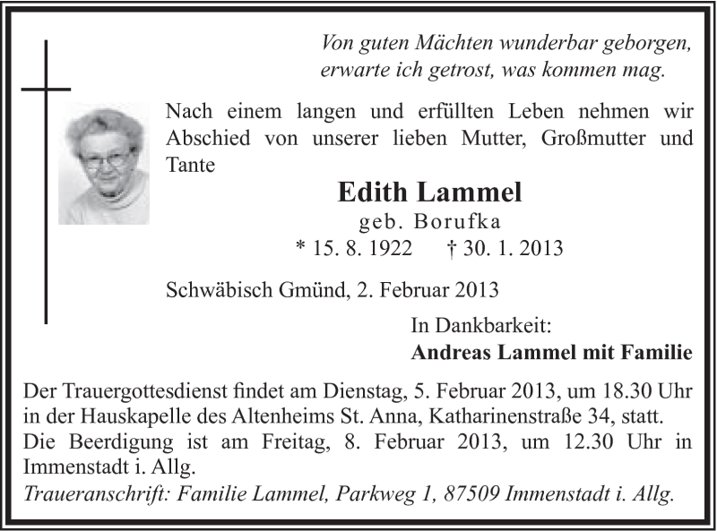Traueranzeigen von Edith Lammel OstalbTrauer