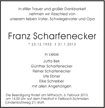 Traueranzeige von Franz Scharfenecker von Schwäbische Post